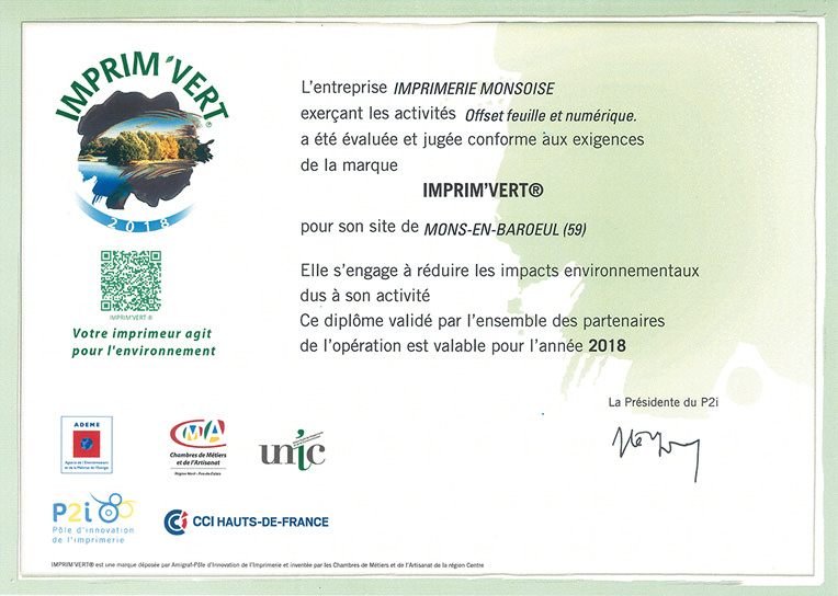 Certificat IMPRIM'VERT Imprimerie Monsoise